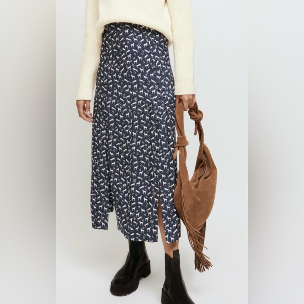 Maje Navy Floral Print Midi Skirt